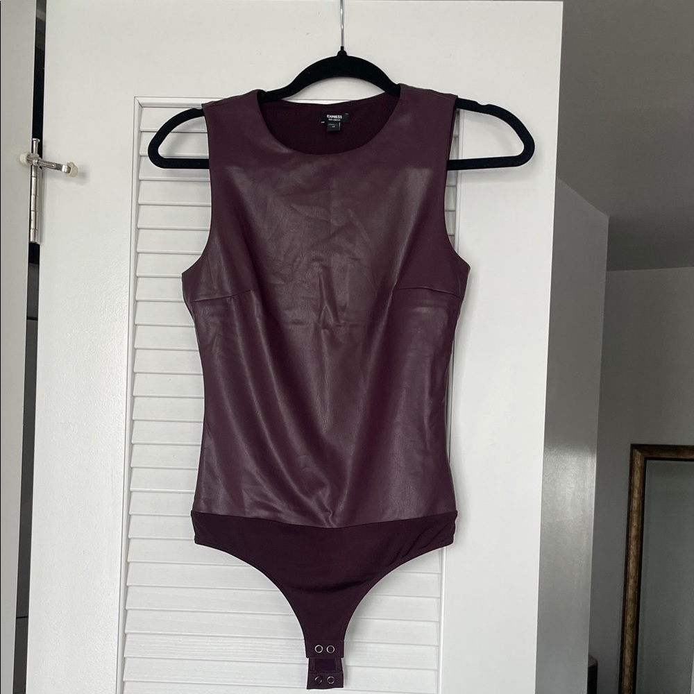 Faux Leather Sleeveless Bodysuit in Deep Plum